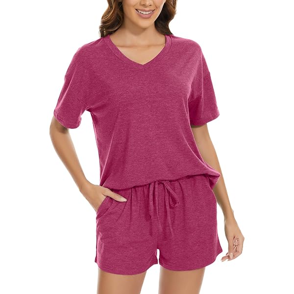 LOCUBE Women's Pajama Set – Short Sleeve Top & Drawstring Shorts With Pockets, Black, Small