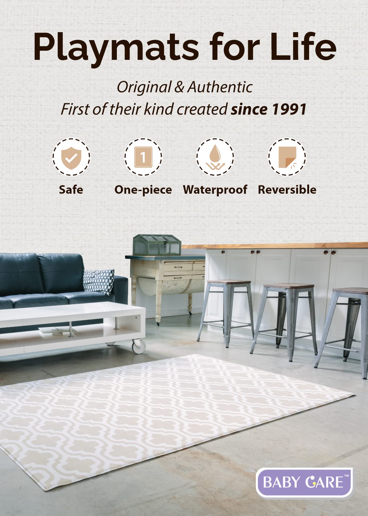 Baby Care Play Mat (Large, Moroccan - Beige) 82'' x 55'' Original One-Piece Reversible Rollable Waterproof Baby Mat, Floor Cushion for Babies 6-12 Months, Infants, Toddlers, and Kids