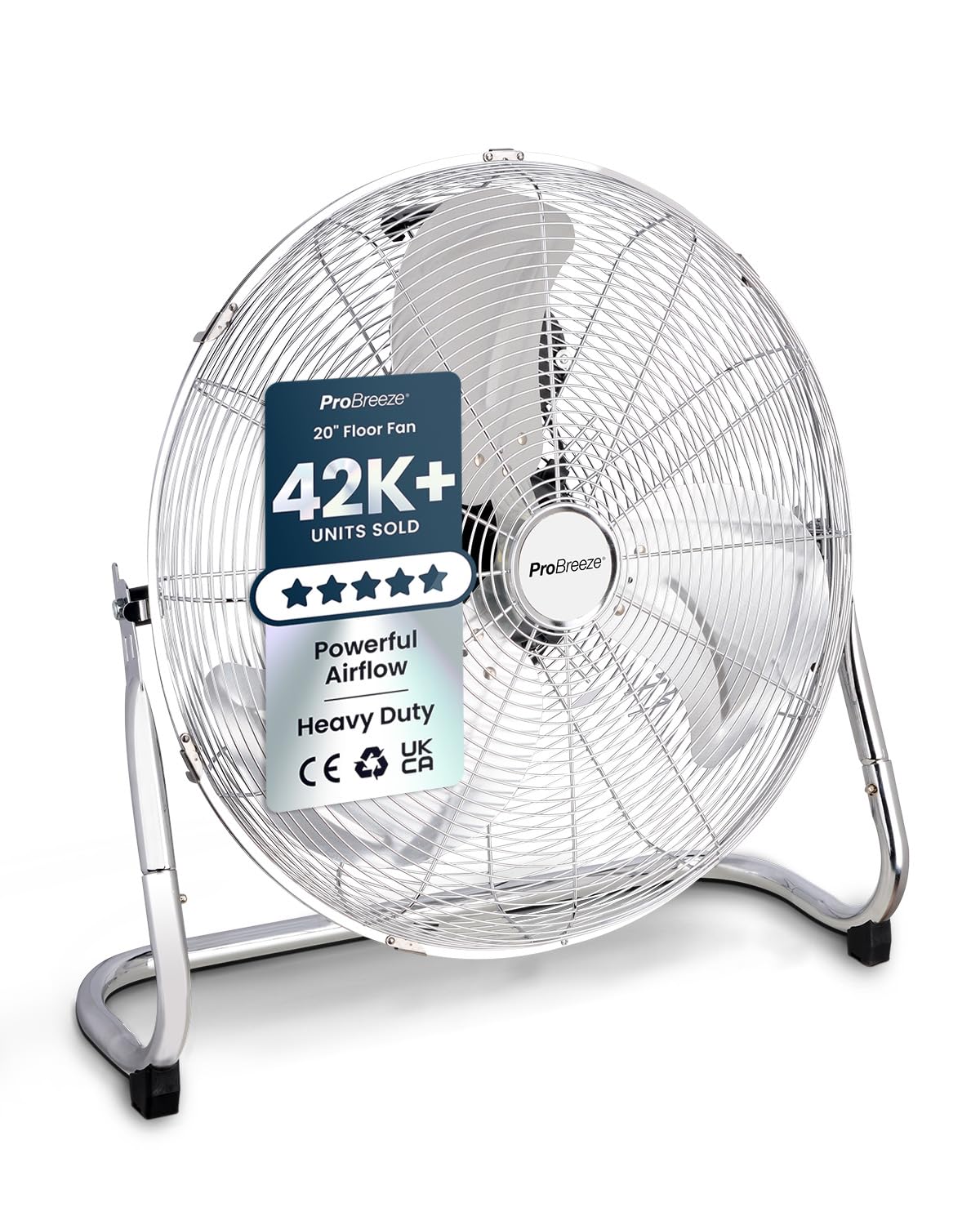 Pro Breeze® 20" Chrome Gym Floor Fan with 3 Speeds and Adjustable Fan Head, Standing Metal Pedestal Fan with Powerful Circulation