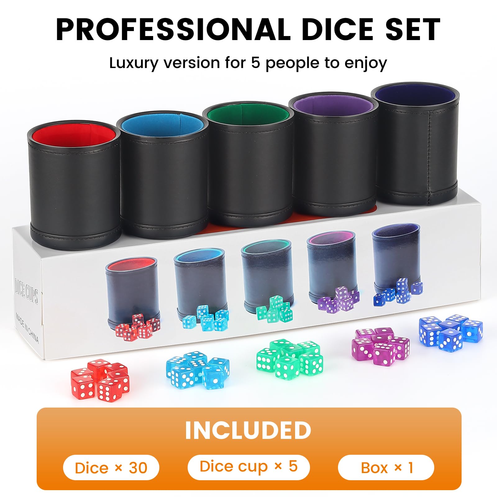 5 Pack PU Leather Dice Cups Velvet Felt-Lined Shaker Cups with 30 Dot Dice for Bar Party Yahtzee Farkle Dice Games