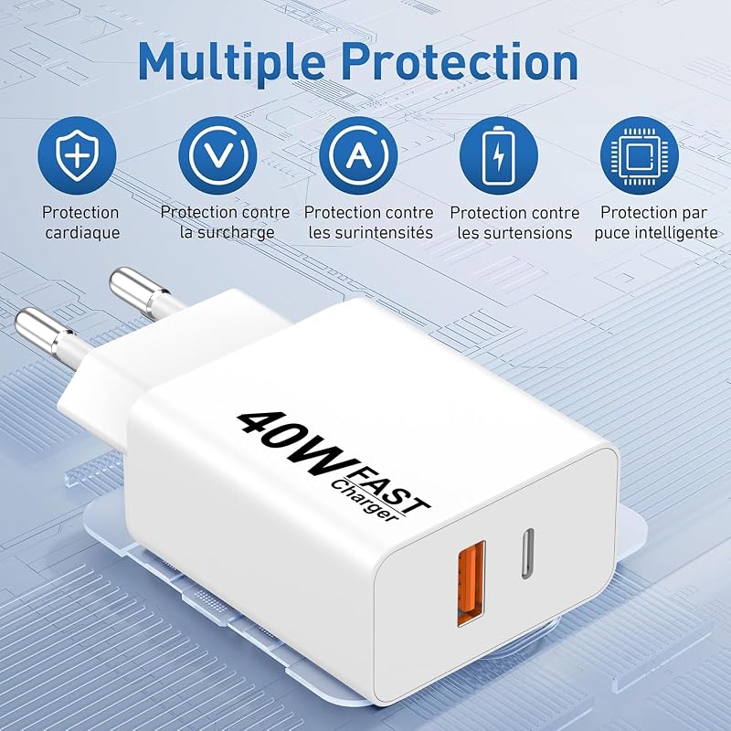 40W Chargeur Rapide pour iPhone 17 Pro Max 17 Air iPhone 16 15 Pro Max Plus 16e, iPad S25 S24 Ultra S23/S22 S21 S20,Dual Ports USB A and C Prise Chargeur Adaptateur Et 2M Cable C vers C Câble(2Pack) — photo 3 sur 8