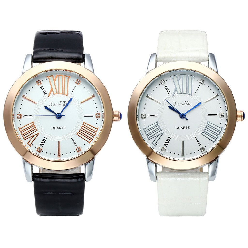 JSDDE Uhren,Elegant Frauen Armbanduhr Strass R?misch Ziffern Damenuhr Echtleder Armband Analog Qaurzuhr J565M,Weiss