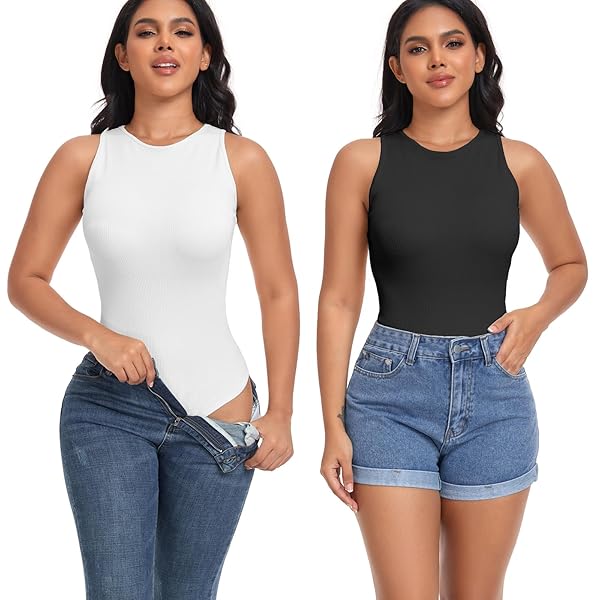 ENSDOAR TANK TOP BODY SUITS WOMEN RIBBED SLEEVELESS CREW NECK RACERBACK SEXY HALTER BASIC BODYSUIT TOPS FOR WOMEN (WHITE, SMALL)