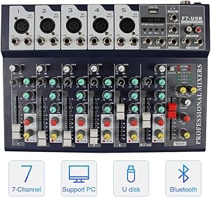 Professional Audio Mixer, ALPOWL Sound Board Console System, Interface 7 Channel Digital USB Bluetooth MP3 Computer Input 48V Phantom Power Stereo DJ Studio Streaming for DJ Wedding Party KTV