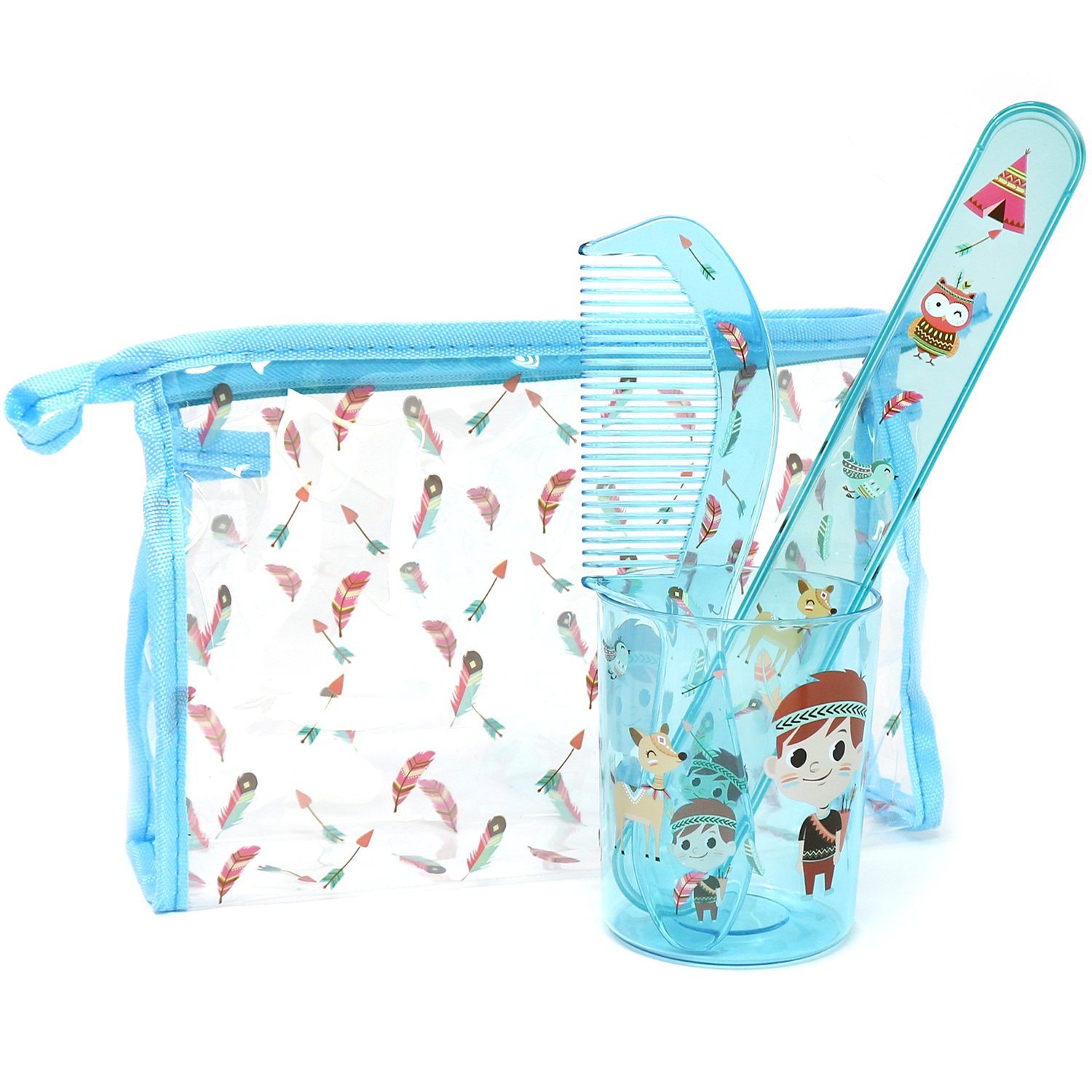 COM-FOUR® 4-piece travel set for children - toothbrush mug, toothbrush case, comb and zipped bag with Indian motif - hygiene bag with accessories (04 piece set - blue)