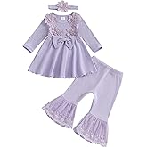 Afunbaby Baby Girl Fall Outfits Toddler Girl Clothes Flower Dress Lace Dresses Bow Sweatshirt Flared Pants Clothing Set