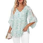 Bebonnie Womens Ruffle 3/4 Sleeve V Neck Double Layers Chiffon Blouses Dressy Tops