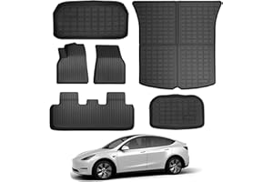 KIKIMO Floor Mats for Tesla Model Y 5-Seater 2020-2023 2024, All-Weather Cargo Liner Floor Mats for Tesla Model Y Accessories, Custom Fit Waterproof Anti-Slip Front Rear Cargo Liner Mat Full Set