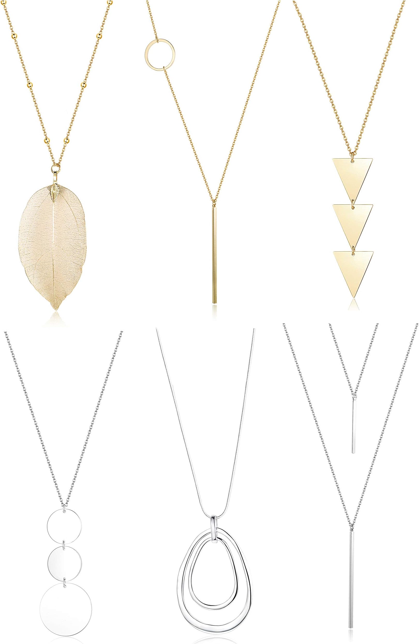 FUNRUN JEWELRY6PCS Long Pendant Necklace Set Bar Circle Leaf Y Necklace Arrow Statement Necklace for Women