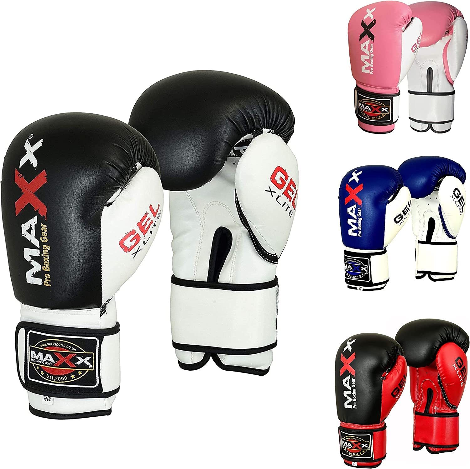 Maxx Boxing Gloves Training Gloves Junior Kids & Adult Sizes Rex Leather Sparring Gym Fitness, 4 6 8 10 12 14 16 Oz (Black White, 10oz)