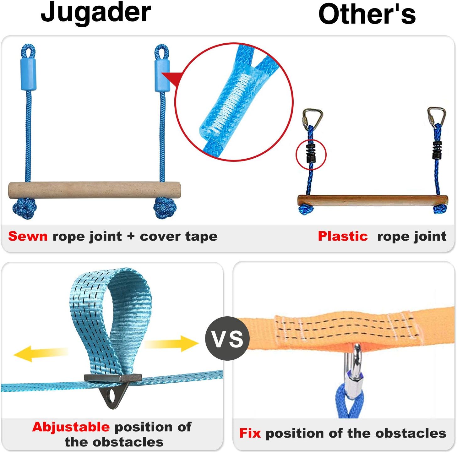 Jugader Ninjaline + Slackline Ninja Warrior Training Equipment for Kids - Backyard Obstacle Courses Including Rope Ladder, Gym Rings, Rope Knots, Monkey Bars: Toys & Games