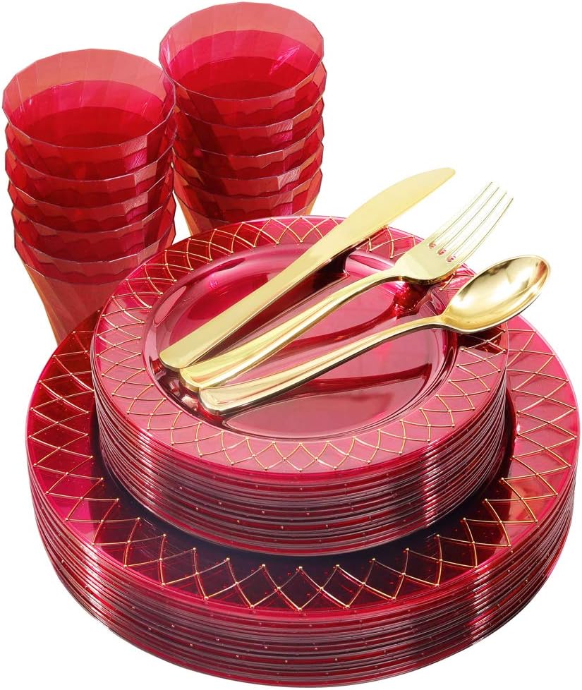 Nervure 150PCS Clear Red Plastic Plates with Gold Rim & Gold Plastic