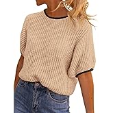 Saodimallsu Womens Puff Short Sleeve Sweater Tops Spring Summer Color Block Ribbed Knit Crew Neck Going Out Shirts