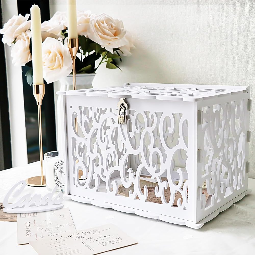 GUDELAK Wedding Card Box PVC Hollow With Lock White 12 x 9.3 x 8.5 in