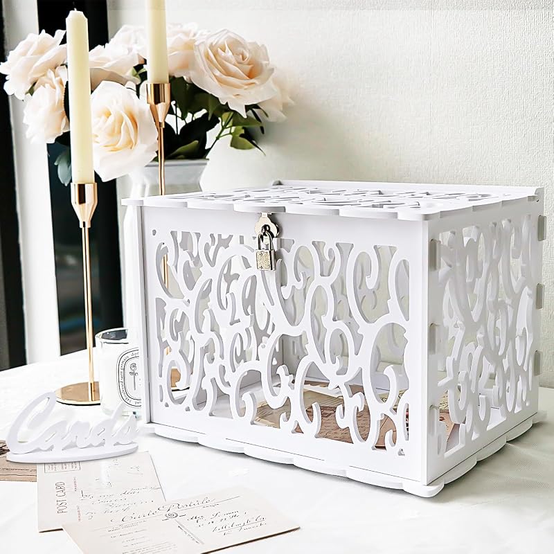 GUDELAK Wedding Card Box PVC Hollow With Lock White 12 x 9.3 x 8.5 in