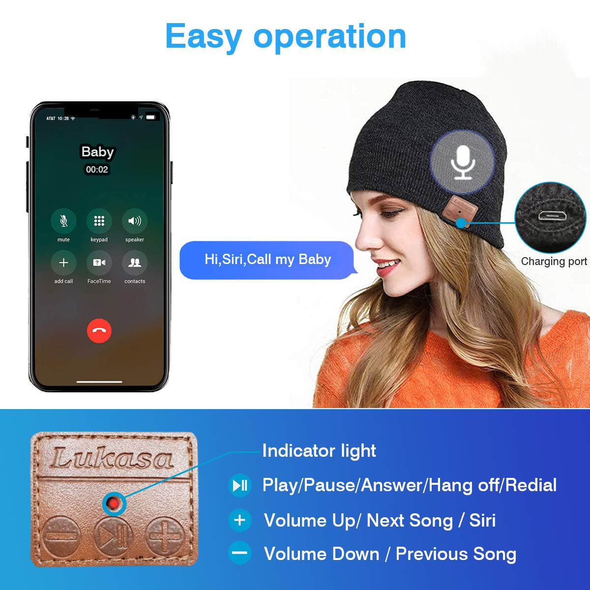 Lukasa Bluetooth Beanie Hat,Mens Gifts Unisex Wireless Knitted Cap Winter Warm Hats