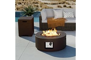 COSIEST Outdoor Propane Fire Pit Coffee Table, 28-inch Magnesium Oxide Round Base Patio Heater, 40,000 BTU Stainless Steel Burner, Free Lava Rocks, Waterproof Cover, Tank Cover, Brown