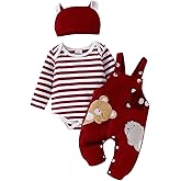 FOCICI Baby Boy Clothes Newborn Striped Romper Fall Outfits + Infant Cartoon Suspender Overall + Cute Hat 3 Pcs 0-18 Months