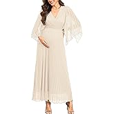 AISWI Maternity Sparkly Mesh Maxi Dress Handkerchief Sleeves Wrap V Neck Flowy Pregnancy Dresses Baby Shower Formal