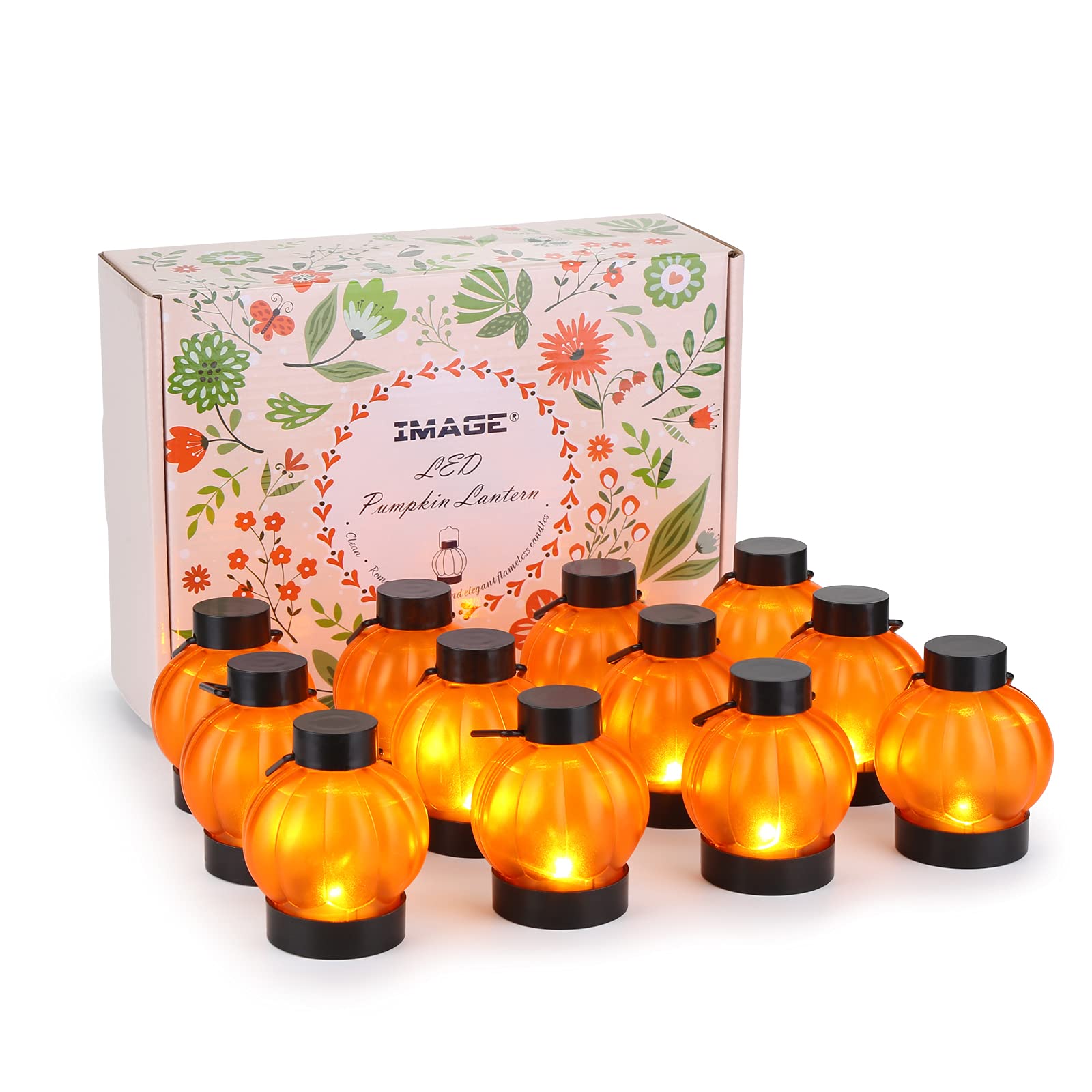 IMAGE LED Pumpkin Lights 12pcs mini Hanging Lantern Orange Tealights with Flickering Flame for Halloween Christmas Party Home Decoration