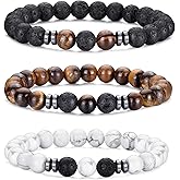 VEEDOFA Tiger Eye Beaded Bracelets for Men - Elastic 8MM Natural Stone Bracelet Set Lava Rock Bracelets Gifts for Son Grandson Bonus Son Boyfriend Brother