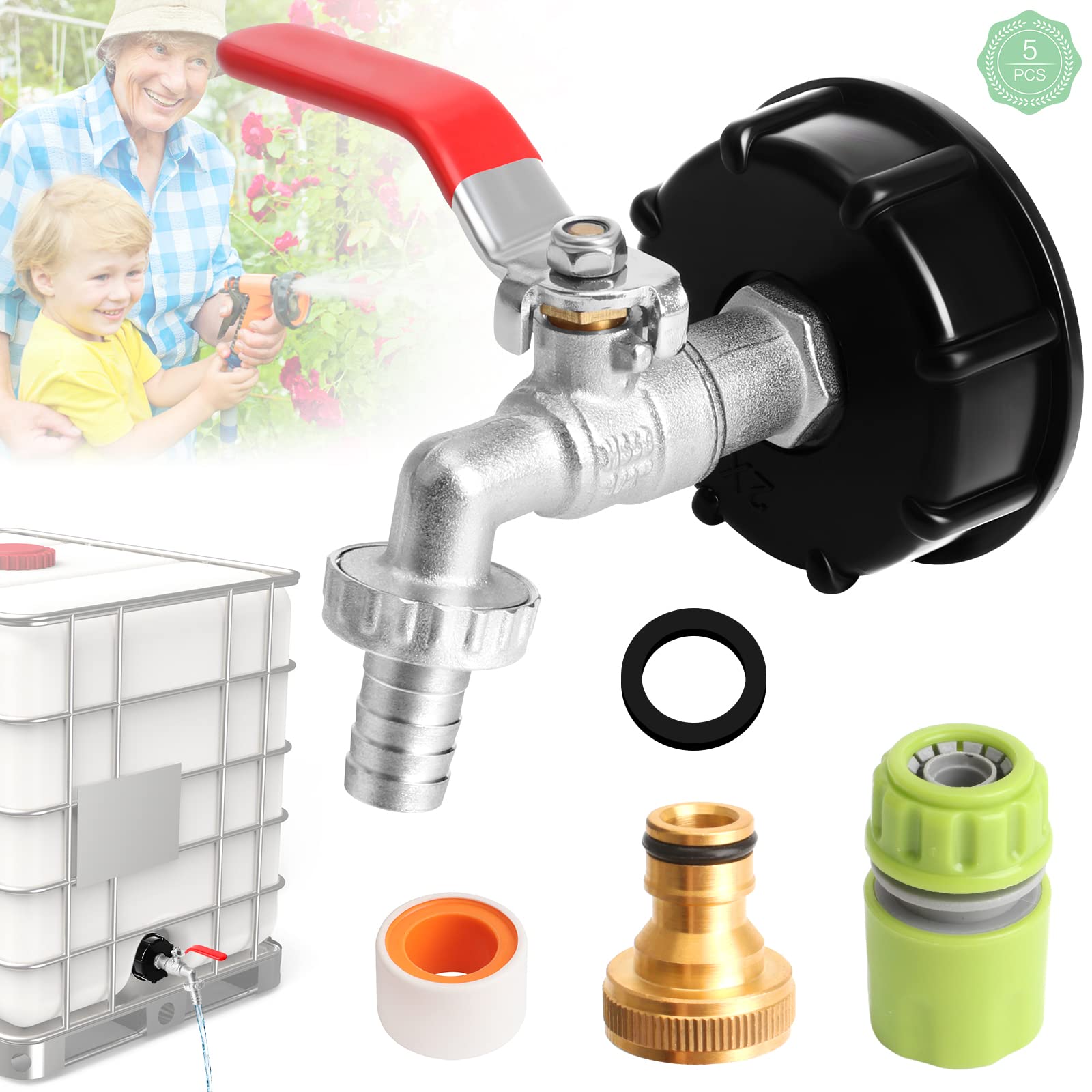 Baiyuanli IBC Tank Adapter 1/2" IBC Connector Detachable Ibc Adapter with Faucet Leakproof Valve Fitting Parts for S60X6 IBC Water Storage Tank or Hose Connector