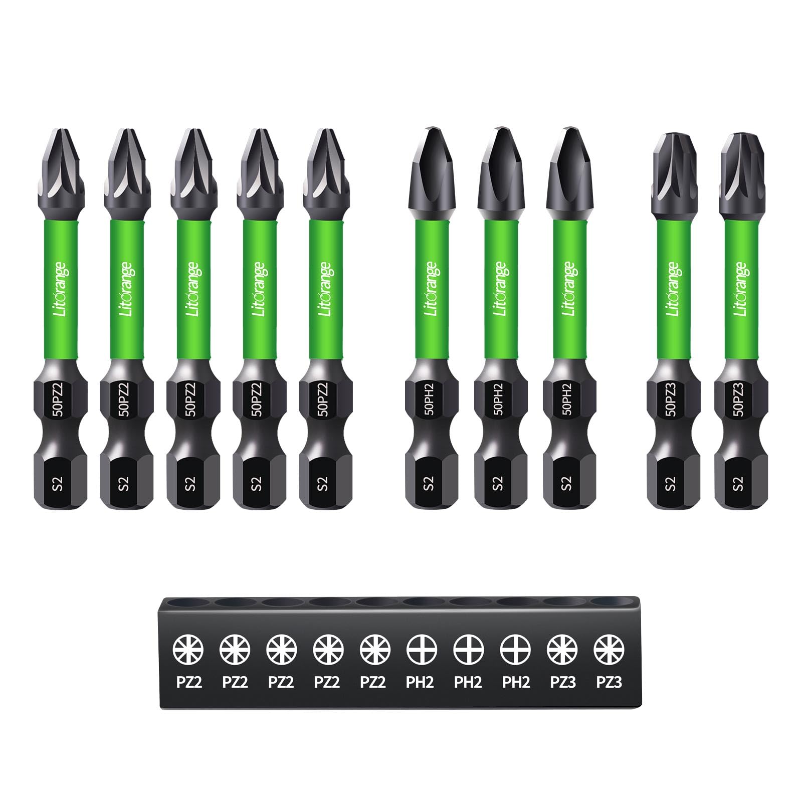 Litorange 10Pcs 50 mm PZ2 PH2 PZ3 Impact Driver Bits, S2 Steel Screwdriver Bit Set