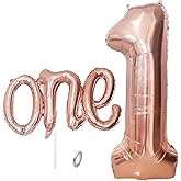 WEILINZHOU 2Pcs Rose Gold One Balloon Set, 40inch Large Foil Rose Gold Number 1 Balloon and 26inch Script Letter One Banner for Boy or Girl 1st Birthday Decorations
