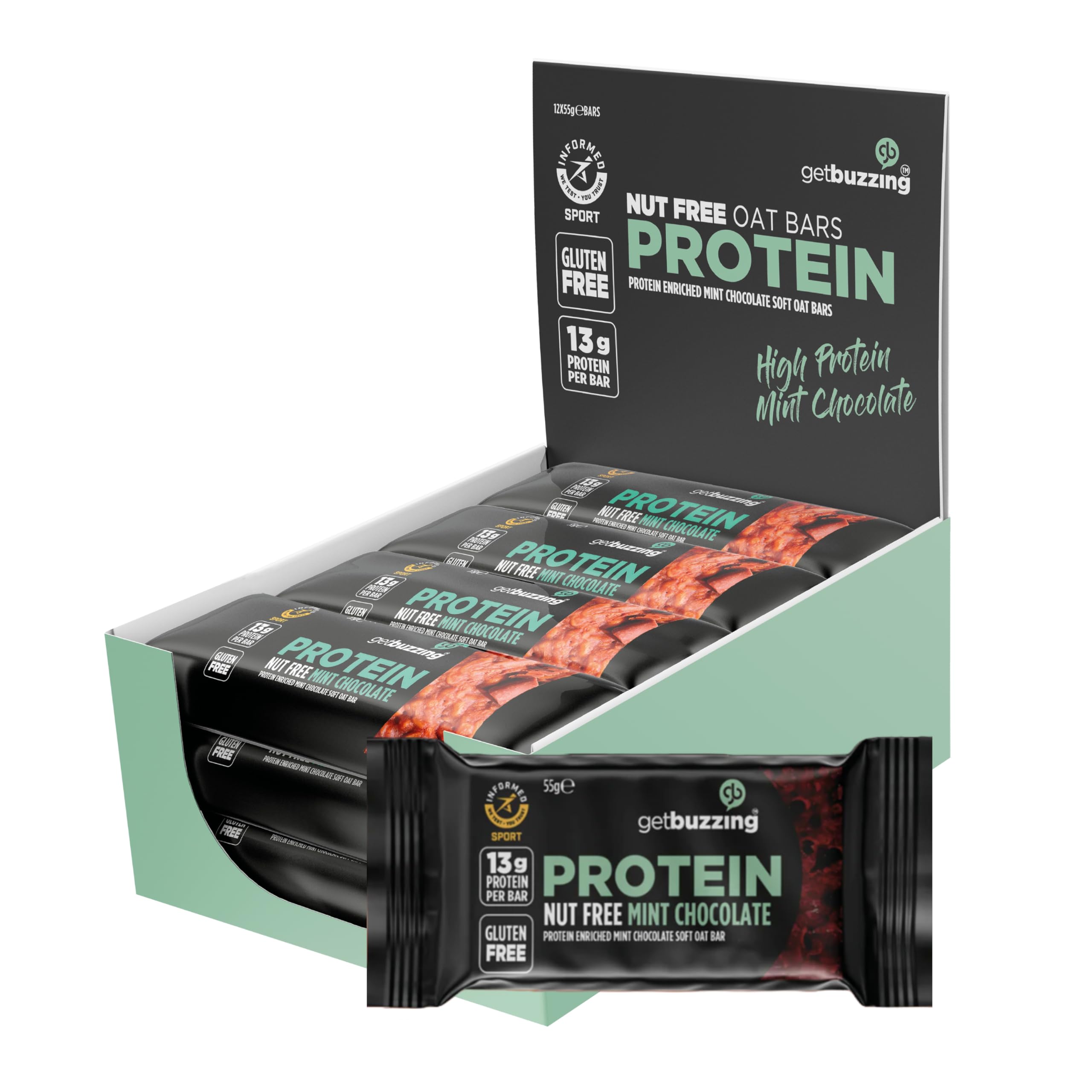 Getbuzzing High Protein Nut Free Flapjack - Mint Chocolate 55g - Healthy Snack Bars - Gym, Running, Cycling - Pure Protein Made in The UK - Pack of 12 Bars