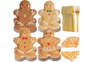 OuMuaMua Christmas Gingerbread Paper Plates, 75Pcs Gingerbread Christmas Disposable Tableware Set Include Paper Plates Napkins Forks for Xmas Holiday Birthday Party Supplies