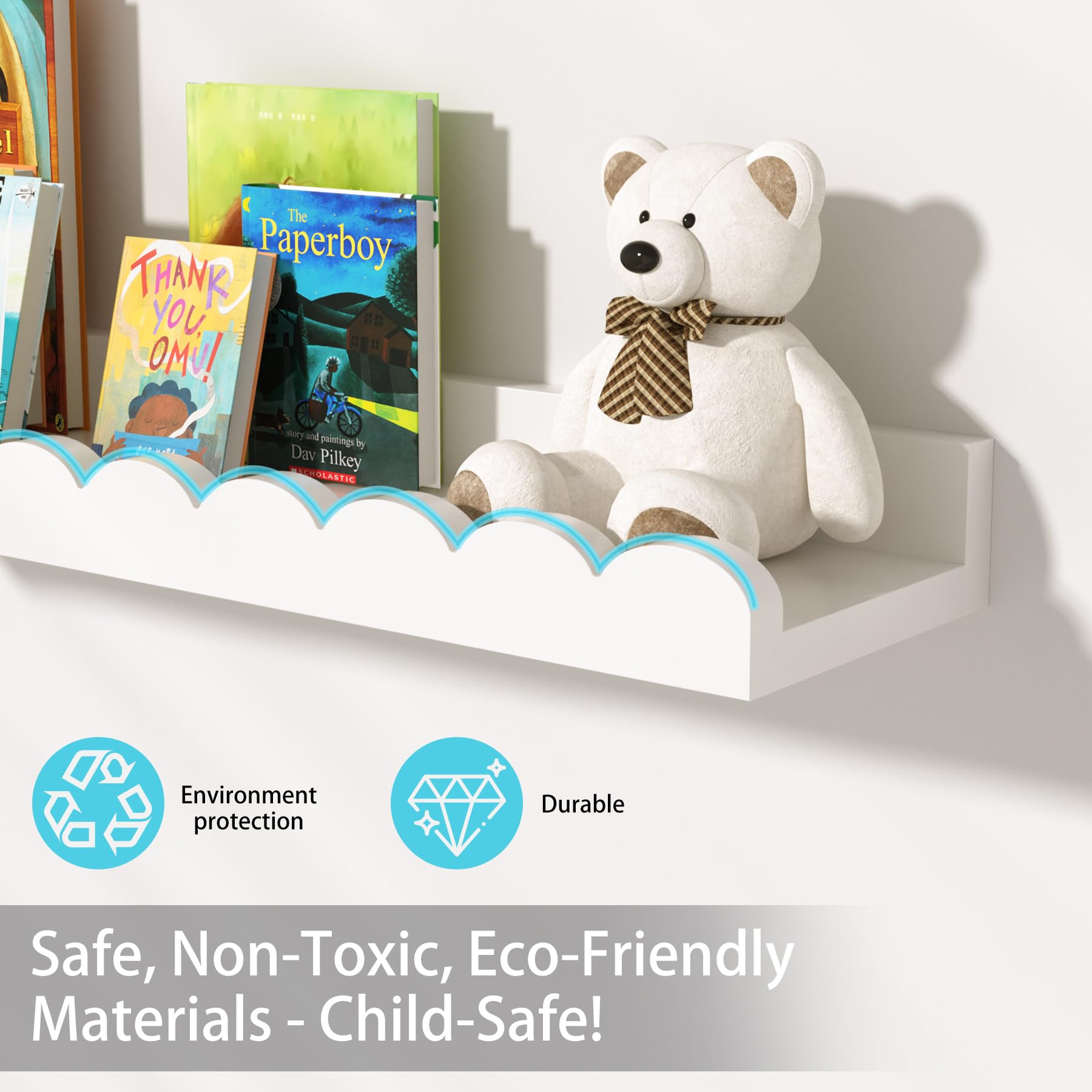 Nursery Book Shelves for Wall ,4-Pack Floating Kids Bookshelf for Bedroom, Nursery and Playroom - Wall Mounted, Space Saving, Easy to Install, Holds Multiple Books - Ideal for Children’s Room Storage