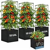 Tomato Cages for Garden, Tomato Planter with Trellis, 48in Tall Square Tomato Trellis with 18 Gallon Grow Bags, Patio &amp; Balcony, Metal Tomato Cage for Tomatoes Cucumbers Peas Climbing Plants, 3 Pack