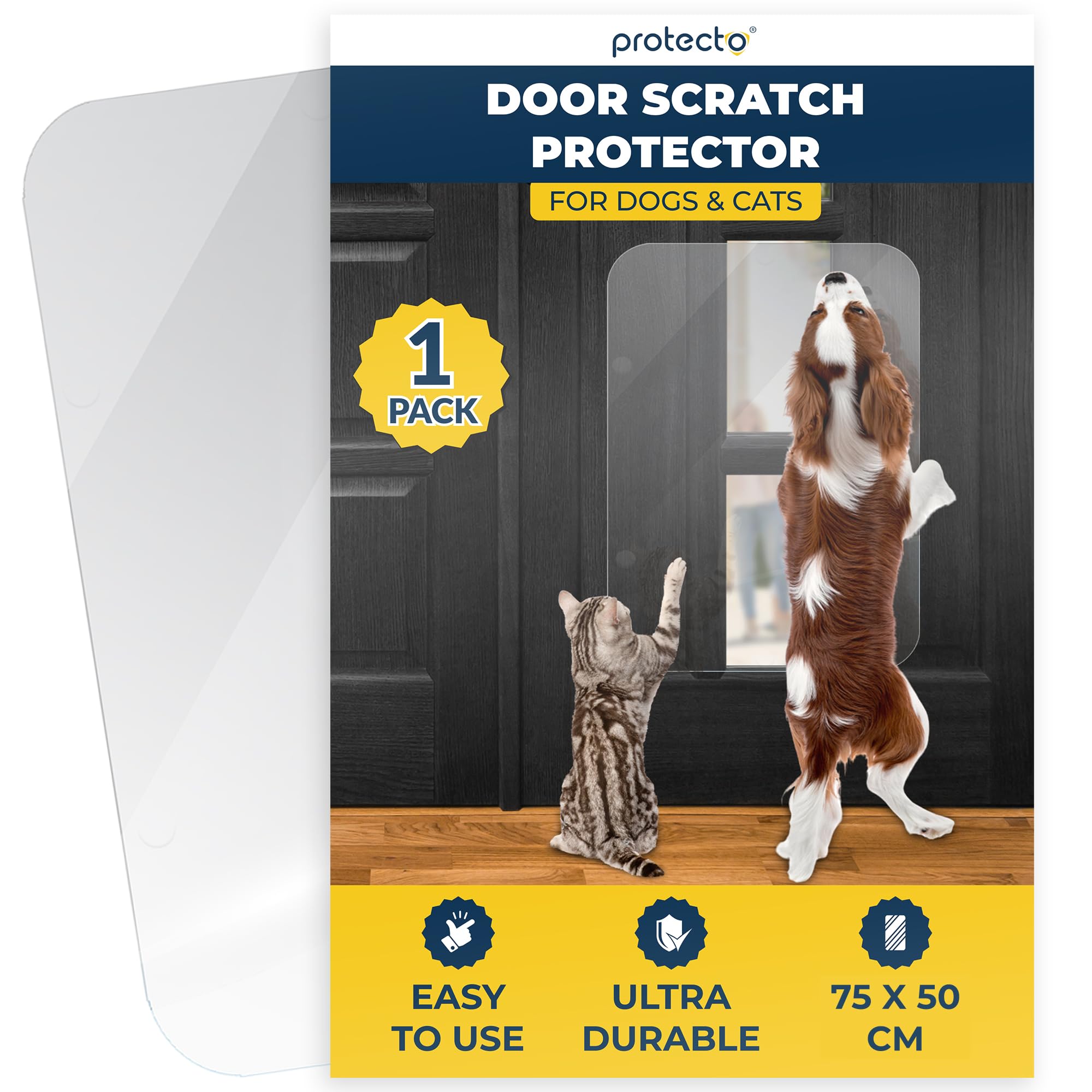 PROTECTO Ultra Durable Door Protector for Dogs – 75x50 cm Clear Cat Scratch Protector | Easy to Install Anti Scratch Door Guard for Dogs and Cats - Protection for Furniture, Walls and Windows