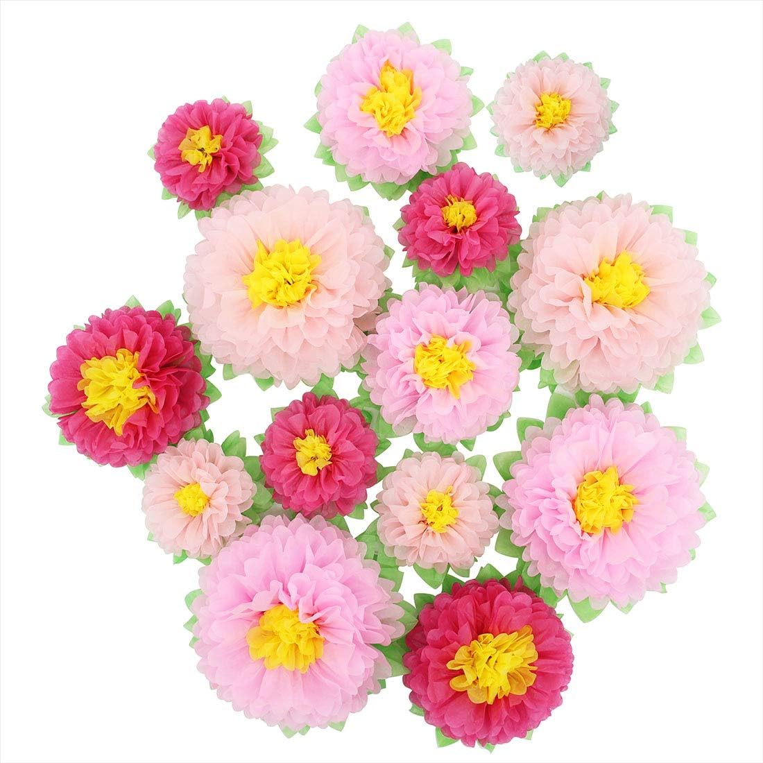 Pink Paper Artificial Flowers (11''-7'' Assorted) 14 pcs DIY Handcrafted Nursery Wall Home Decoration Party Backdrop Bridal Baby Shower Centerpiece