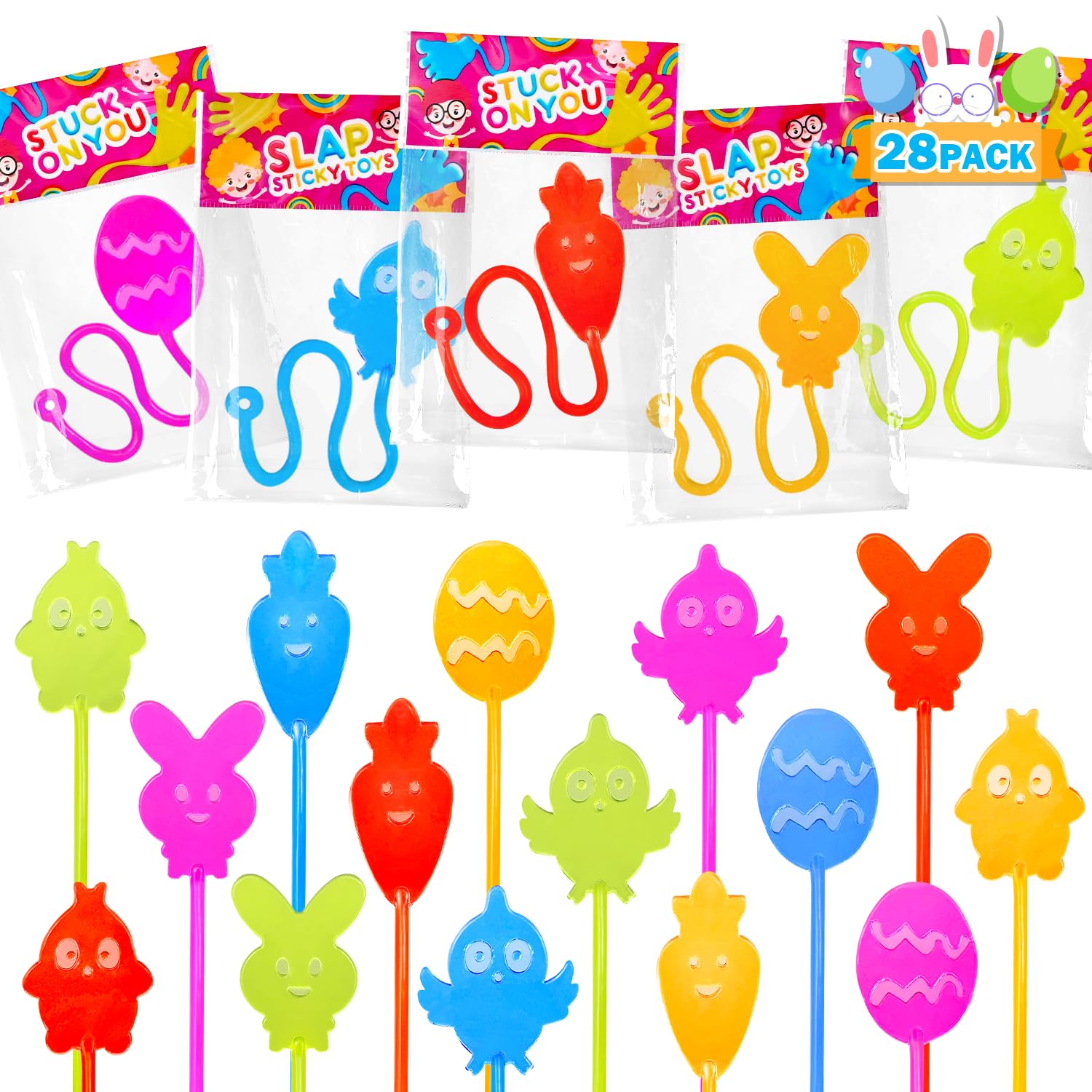 Non Candy Easter Egg Fillers for Kids 28 Pack, Easter Sticky Hands Toys Gifts Basket Pinata Stuffers for Toddlers, Mini Spring Party Favors Egg Hunt Supplies Goodie Treat Bag Prize for Boys Girls