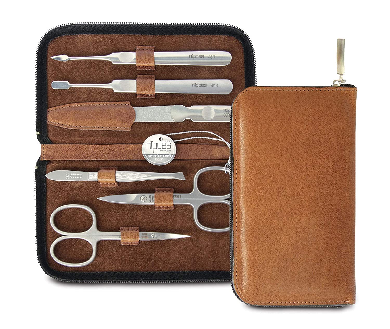 Nippes Solingen Nippes Premium Line Manicure Set 6 Pieces Stainless Steel Rust and Nickel Genuine Cowhide Leather Case with Zip Fastener Brown