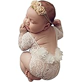 Newborn Lace Romper, 2 PCS Baby Girl Photography Props, Newborn Girl Photography Outfits with Flower Headband for Infants