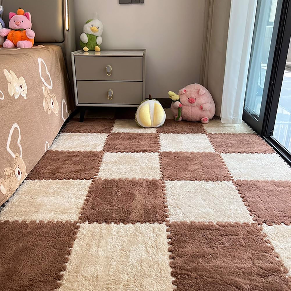 Photo 1 of 12 Pcs Plush Foam Interlocking Carpet Tiles,Soft Shaggy Fluffy Floor Area Rugs with Padding,Colorful Floor Protective Mats for Home Kids Room Playroom (Beige and Coffee, 11.8 x 11.8 x 0.39)