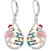 Christmas Tree Earrings Pink Flamingo Earrings for Women Dangle Sterling Silver Flamingos Christmas Holiday Earrings Xmas Gifts