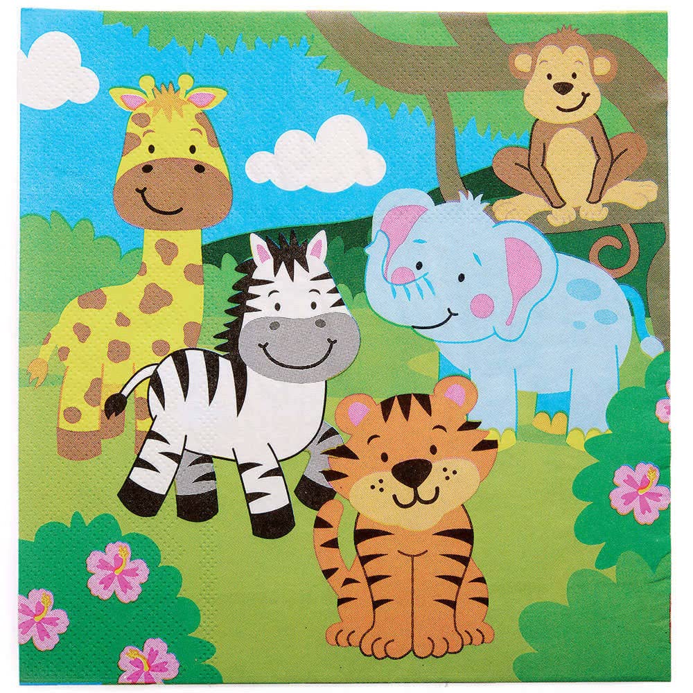 Baker Ross FX103 Jungle Chums Party Napkins - Pack of 20 Napkins, Kids Party Napkins, Paper Disposable Napkins, Kids Birthday Tableware, Jungle Chums Party Napkins, 33cm x 33cm