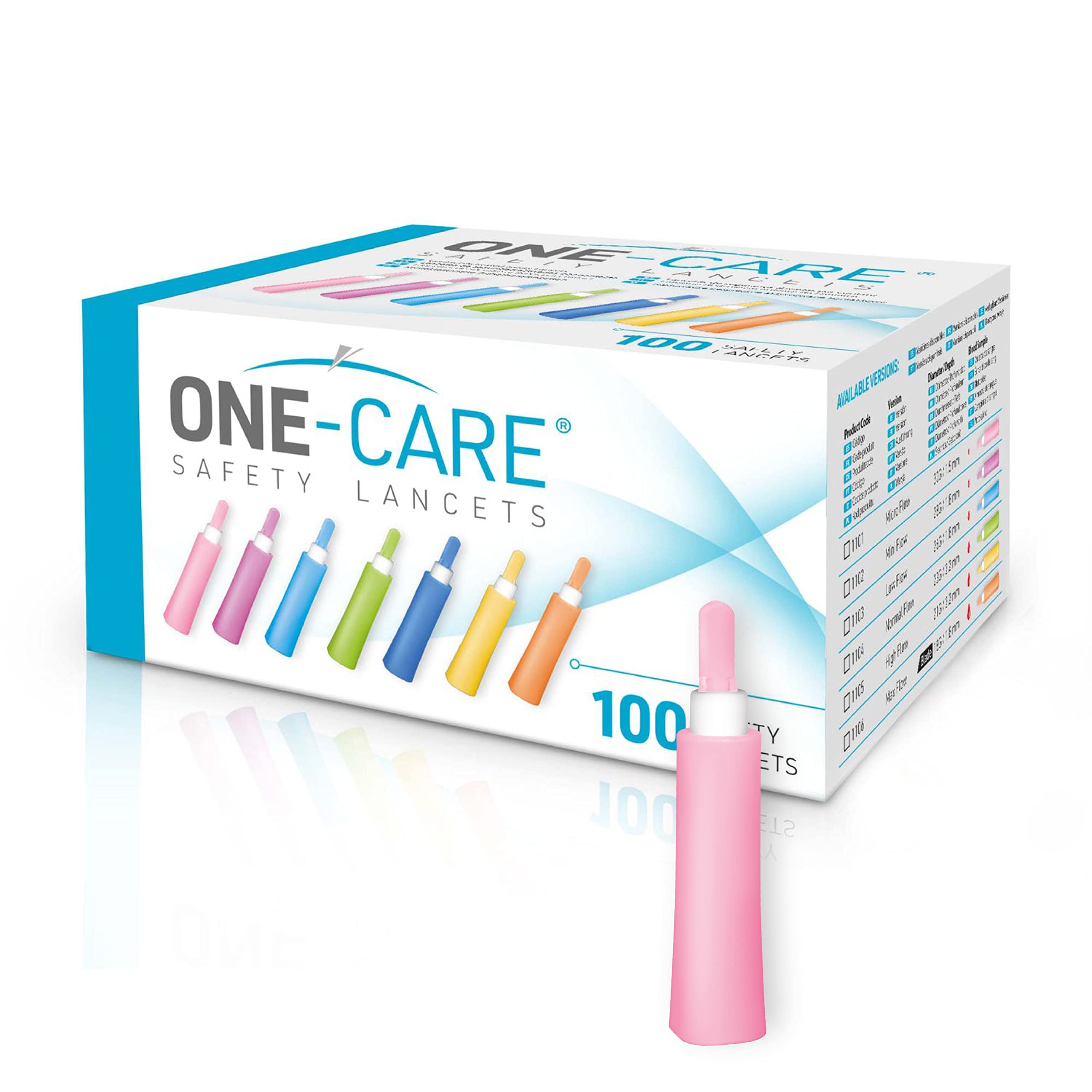 ONE-CARE Safety Lancets, 30G x 1.5mm, Push Button Activation, Gentle, Pre-Loaded, 3-Steps Only, Diabetes Testing, Sterile, Finger Self Prick Device, Glucose Monitor, Single Use, 100/Box