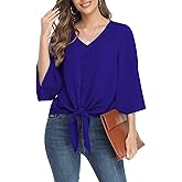 VIISHOW Women's Button V Neck Chiffon Tops 3/4 Bell Sleeve Tie Knot Casual Blouses Loose Summer Shirts