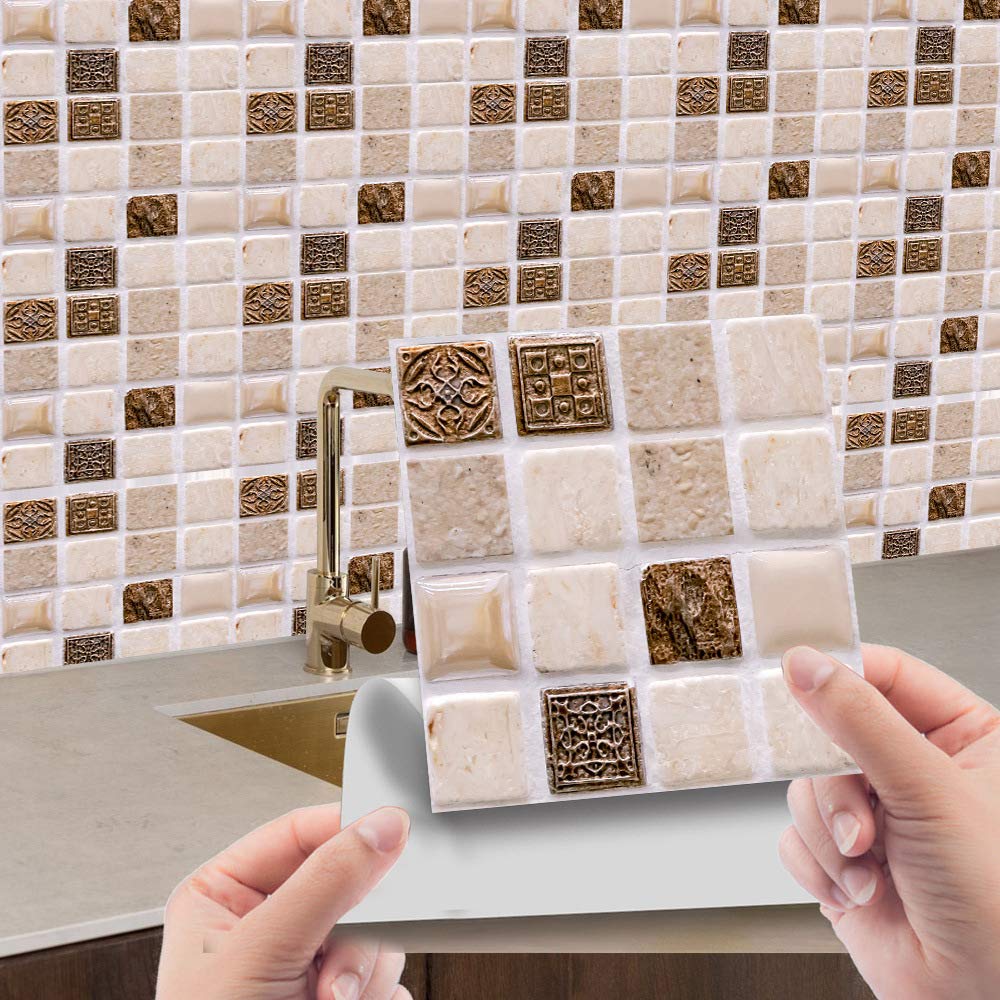 Photo 1 of 10 Sheets Peel and Stick Tile Stickers Tiles Peel and Stick Wall Subway Tile for Bathroom, Fireplace, Laundry Table, Stair Decals (Style2, 10x10cm)