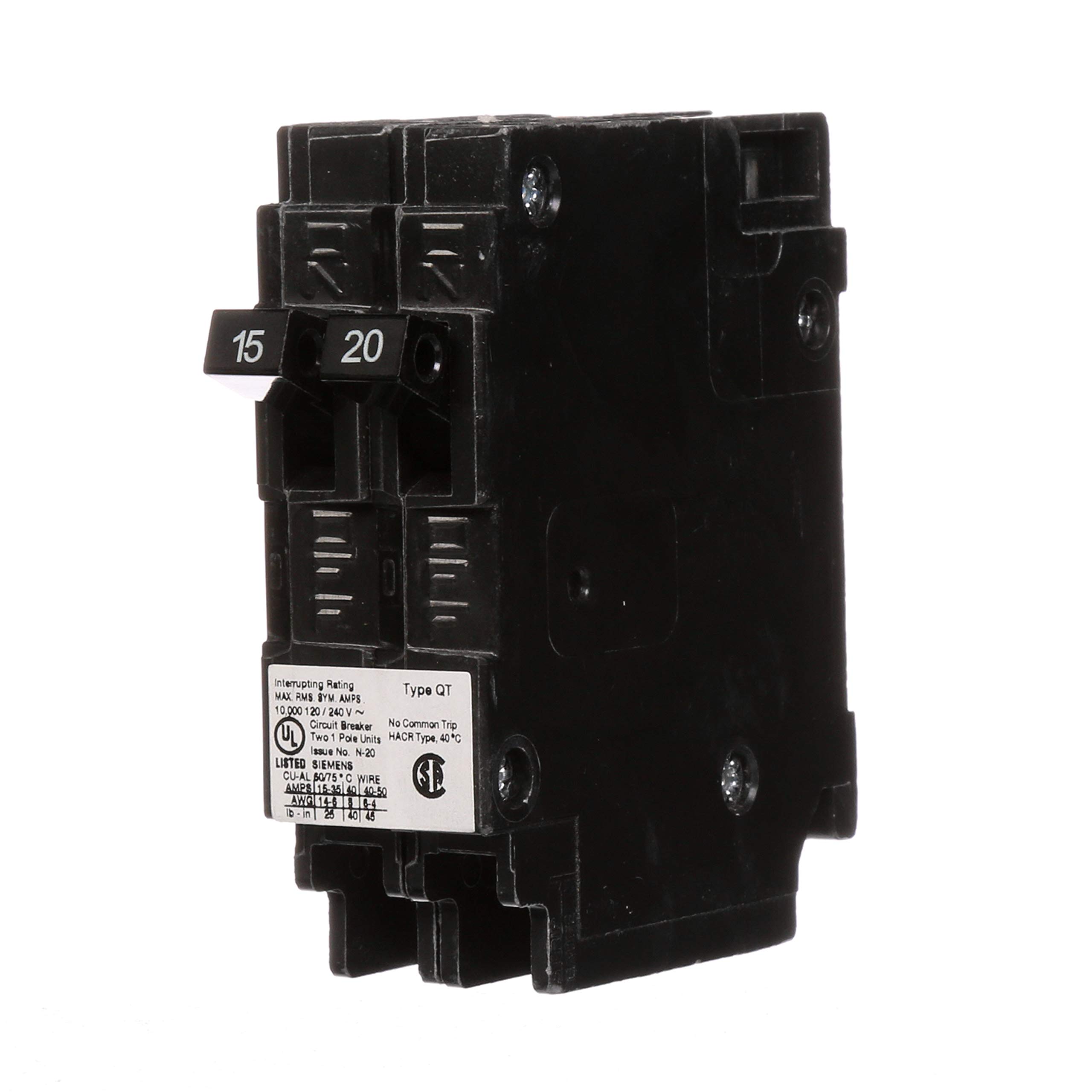 Photo 1 of Siemens Q1520NC One 15-Amp and One 20-Amp Single Pole 120V Non-Current Limiting Circuit Breaker