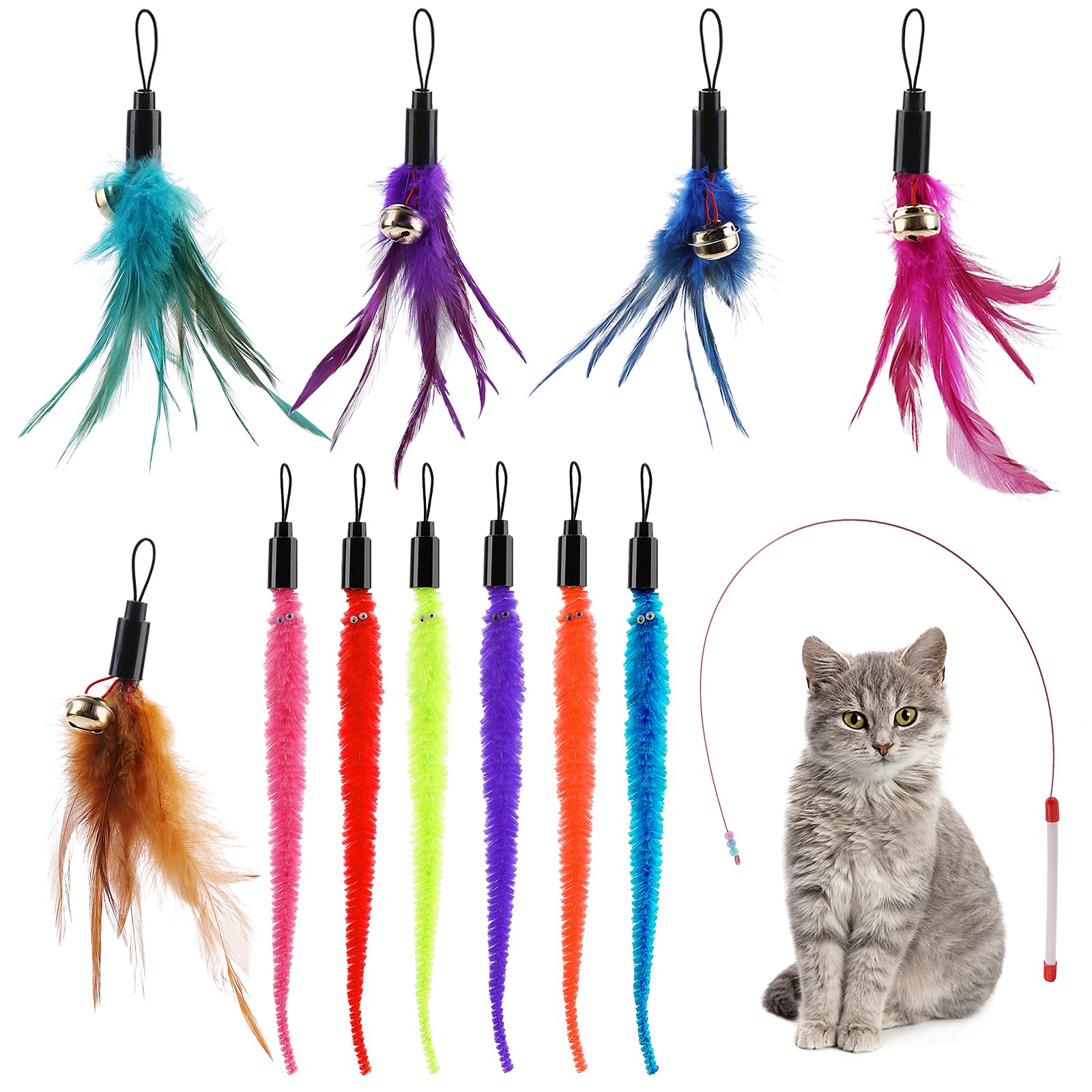 TIESOME Cat Feather Wand Toys - 12 PCS Interactive Replacement Feathers Refills - Kitten Chase Exercise Toys