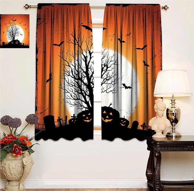 Vintage Halloween Blackout Curtain Panels, Grunge Halloween Image with