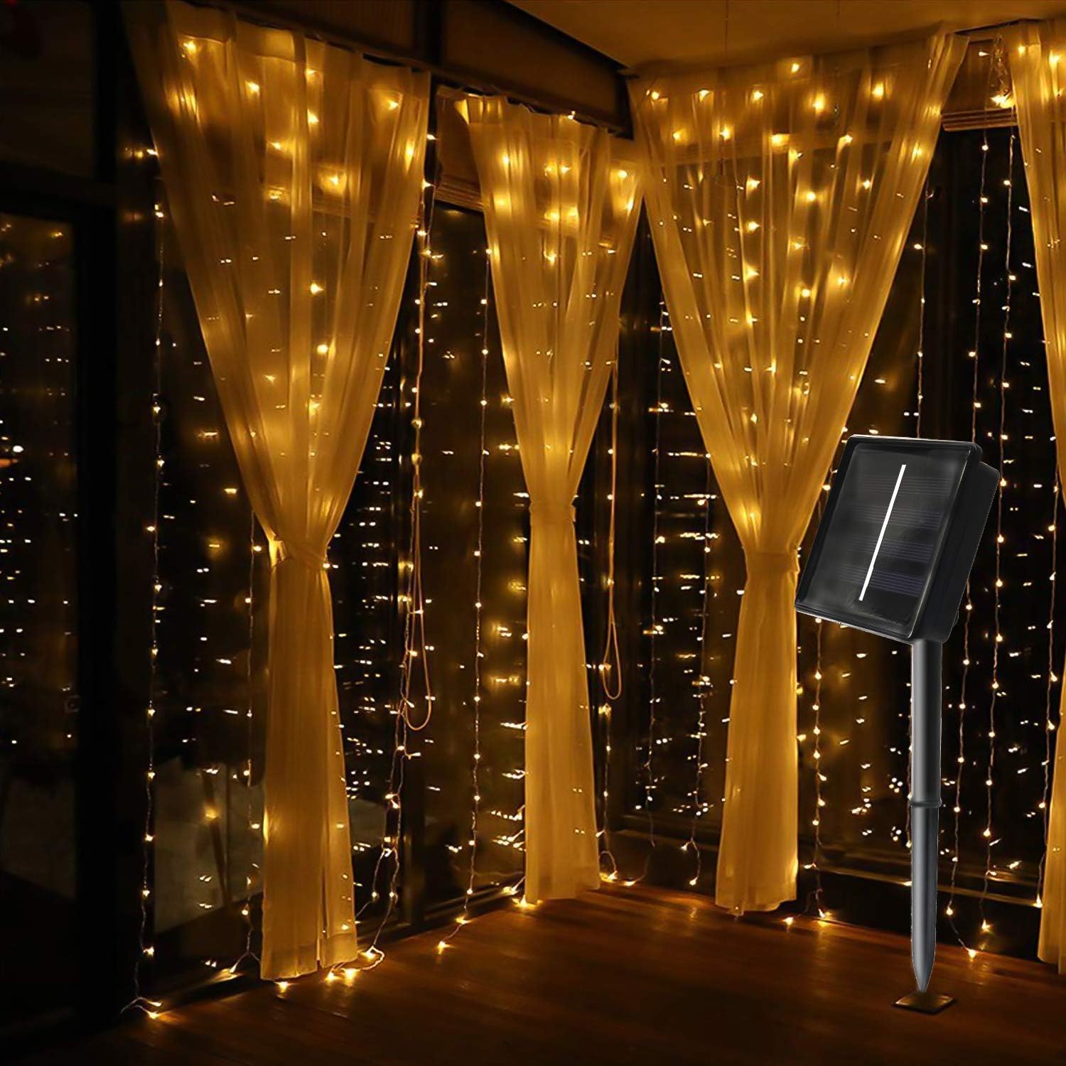 kalokelvin Solar Curtain String Lights 300 LED 9.8FTx 9.8FT Waterproof Outdoor 8-in-1 Mode for Home Holiday Decoration-Warm White
