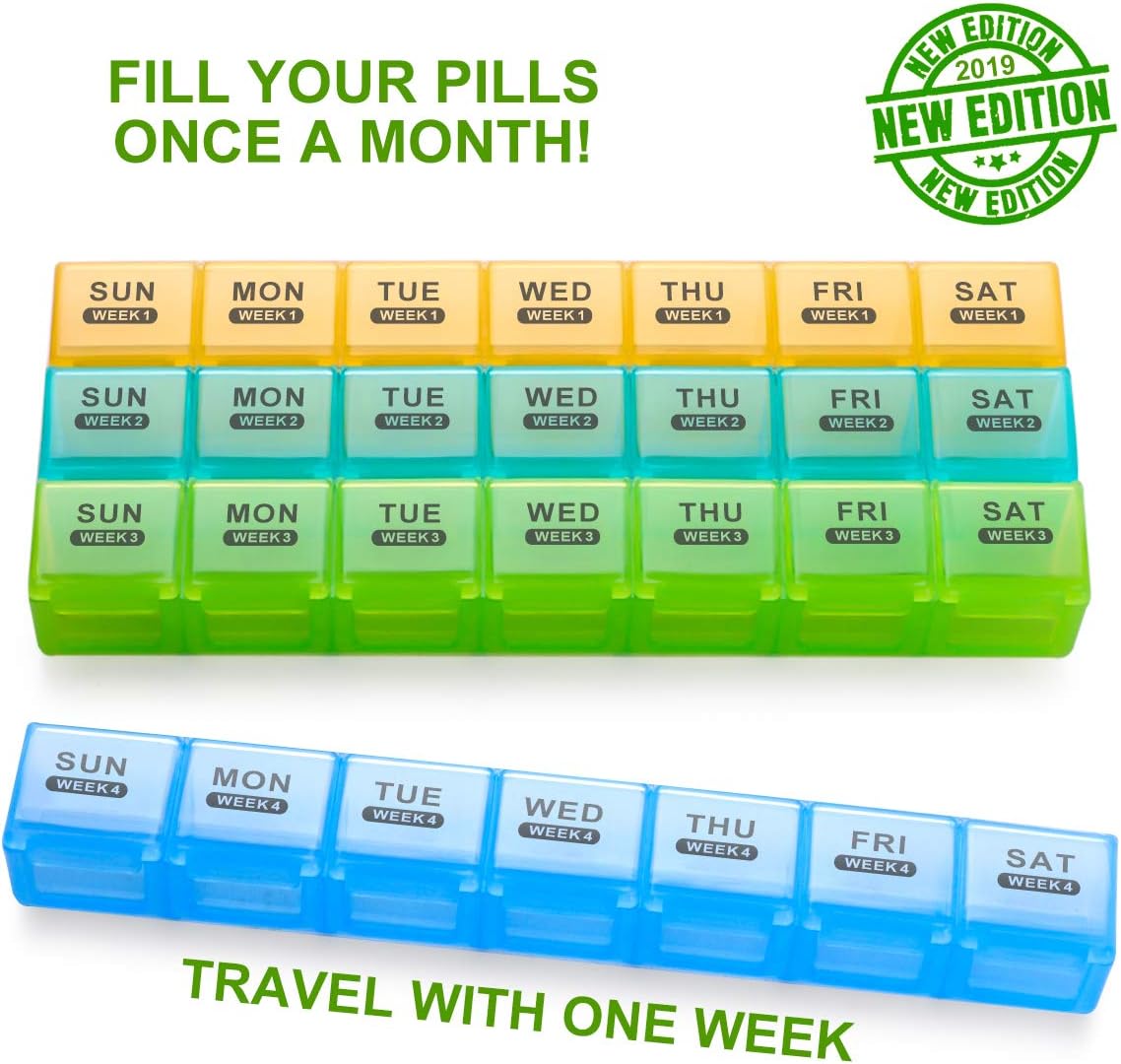 Monthly Pill Organizer 28 Day Case Organizerd by Week, Sukuos Moisture-Resistant Large 4 Week Month Pill Cases with Dust-Proof Box for Pills/Vitamin/Fish Oil/Supplements: Health & Personal Care