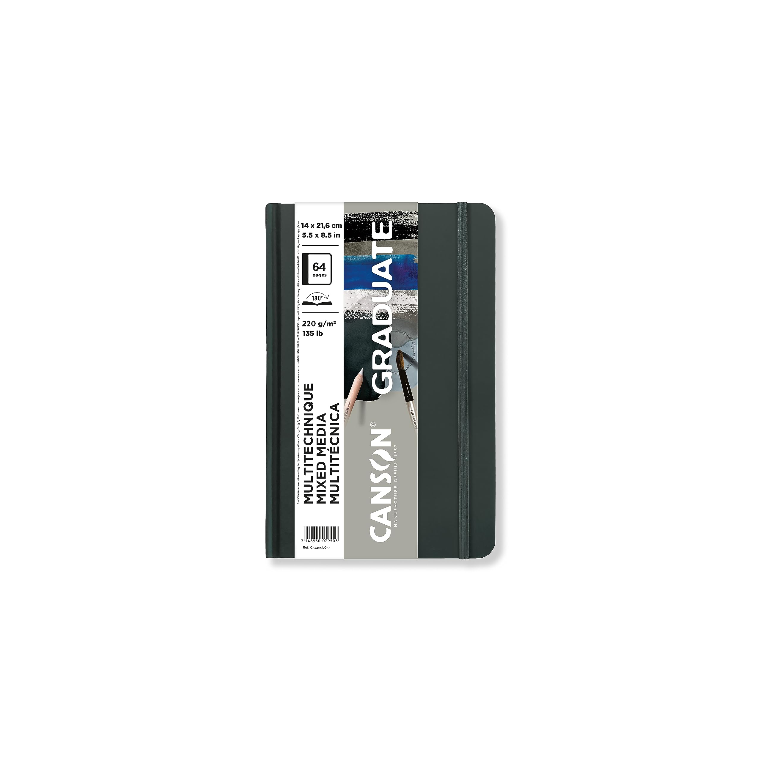 CANSON Graduate Hardbound Grey Mixed Media Book, 220gsm 14 x 21.6cm, Double Sided: Light Grain & Smooth Paper, 32 Grey Sheets, for Artist Students