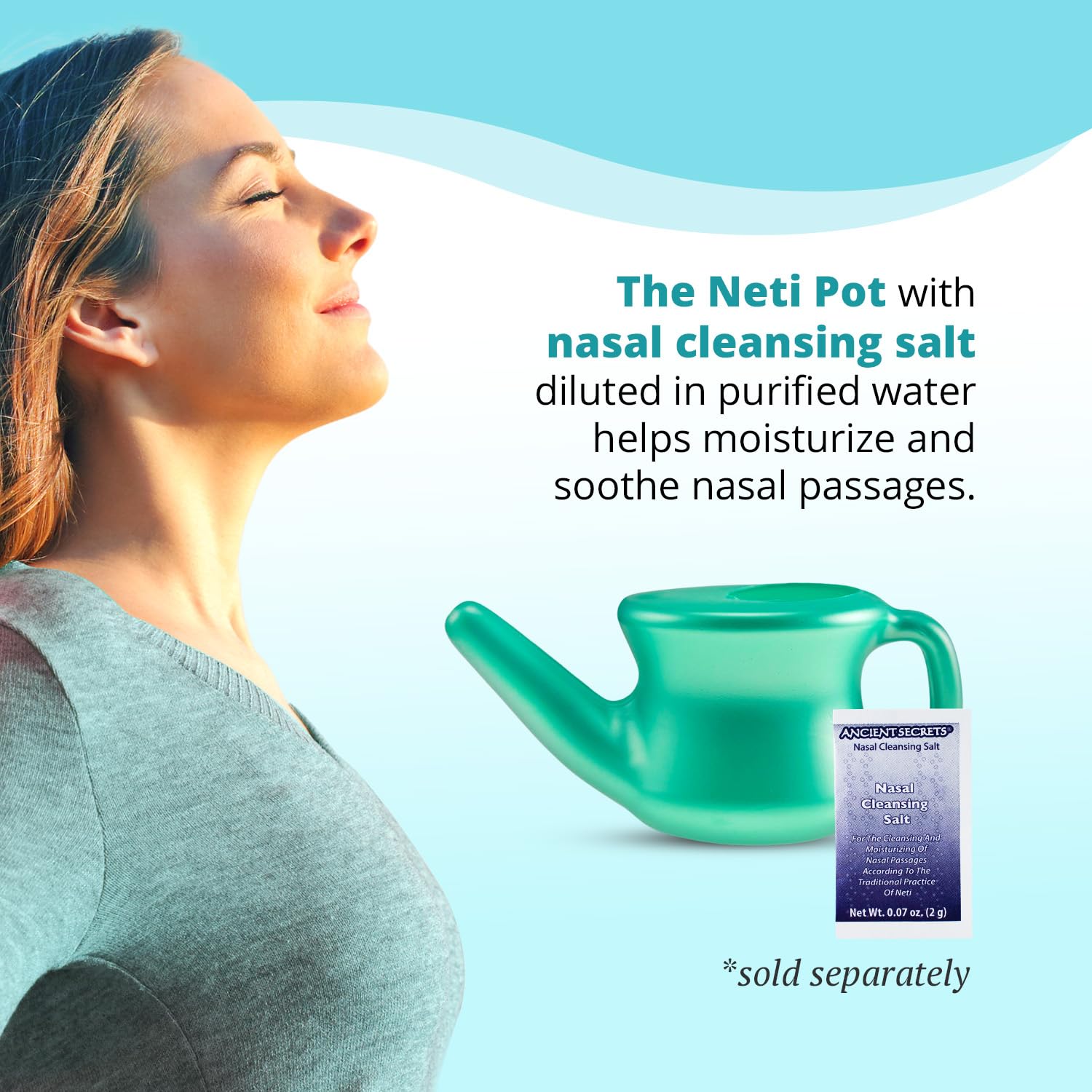 Ancient Secrets Neti Pot Sinus Rinse - Nasal Cleansing Pot, Plastic Travel Model, Nasal Irrigation, BPA-Free Neti Pot + 6 Pre-Measured Packs of Nasal Cleansing Salt